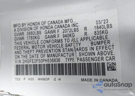 2023 Honda Civic Sport z USA, uszkodzony, nr VIN 2HGFE2F50PH536836